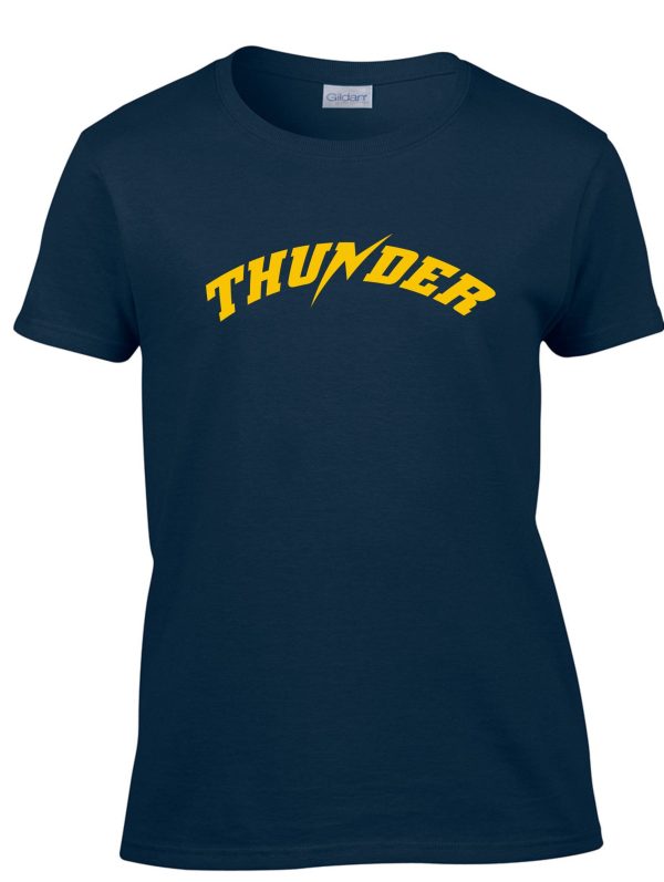 Navy blue Thunder Baseball Womens Tshirt with the word "thunder" in bold yellow letters across the chest.