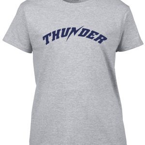 Gray Thunder Baseball Womens Tshirt with the word "thunder" printed in blue across the chest.