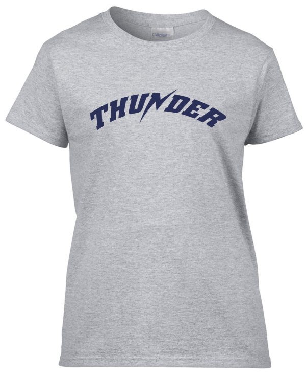 Gray Thunder Baseball Womens Tshirt with the word "thunder" printed in blue across the chest.