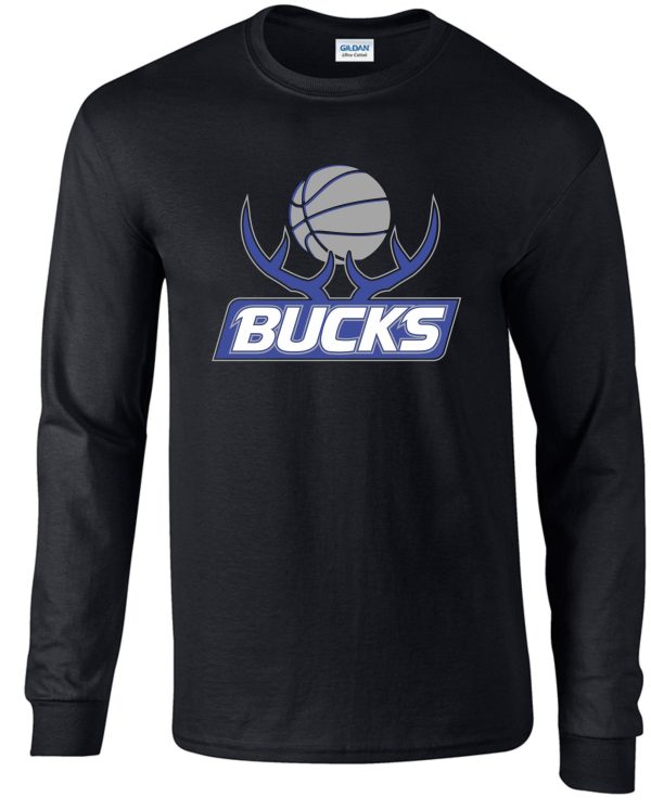 Bucks Basketball Long sleeve T-shirt 50/50 blend G2400 featuring the milwaukee bucks logo with a stylized basketball and antlers graphic on the front.