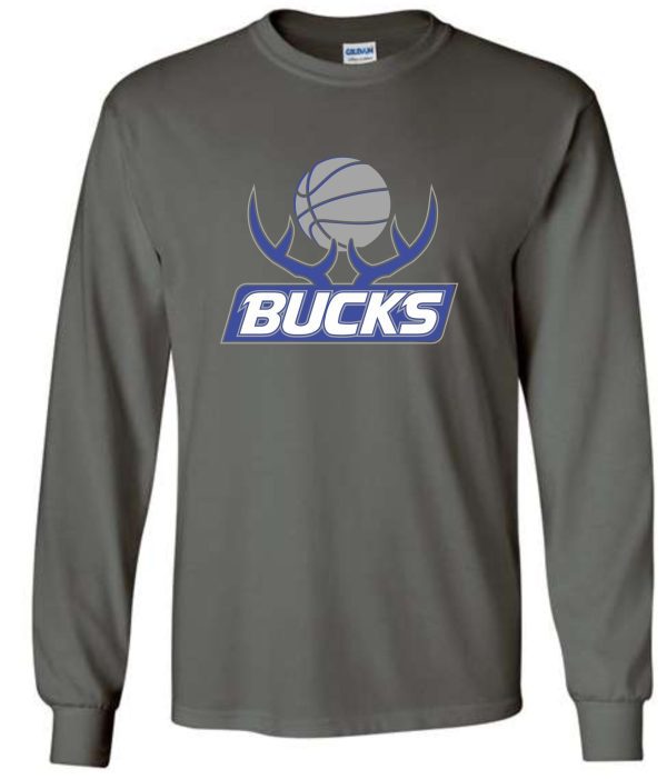 Bucks Basketball Long sleeve T-shirt 50/50 blend G2400 featuring the Milwaukee Bucks logo with a stylized basketball and antlers.