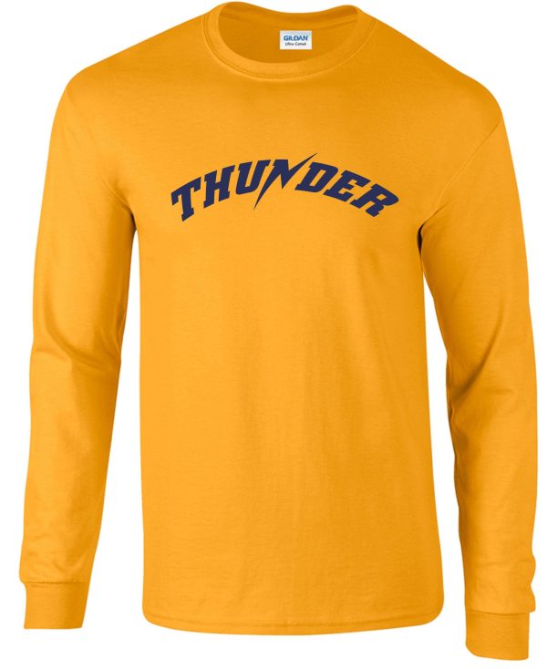 A Thunder Baseball long sleeve T shirt with the word "thunder" in blue arched text across the chest.