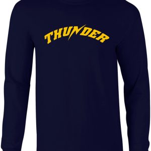 Navy blue Thunder Baseball long sleeve T shirt with the word "thunder" in yellow font across the chest.