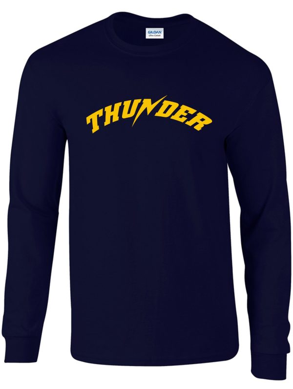 Navy blue Thunder Baseball long sleeve T shirt with the word "thunder" in yellow font across the chest.