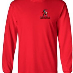 Immaculata Red long sleeve T shirt with "immaculata classical academy" logo featuring a knight helmet graphic on the chest.