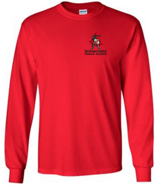 Immaculata Red long sleeve T shirt with "immaculata classical academy" logo featuring a knight helmet graphic on the chest.