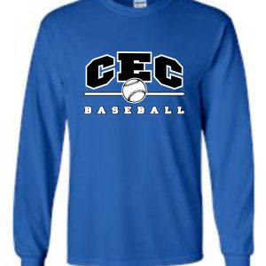 Blue CEC Baseball Long slv Royal T-shirt 50/50 blend G2400 with "cec baseball" and a baseball graphic on the front.