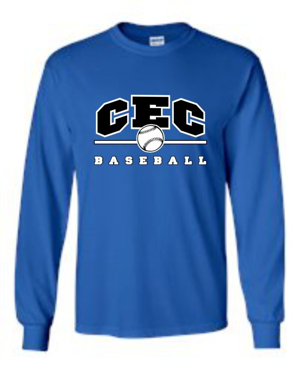 Blue CEC Baseball Long slv Royal T-shirt 50/50 blend G2400 with "cec baseball" and a baseball graphic on the front.