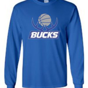 Sentence with product name: Bucks Basketball Long sleeve T-shirt 50/50 blend G2400 with a basketball graphic and the text "bucks" in white and blue font.