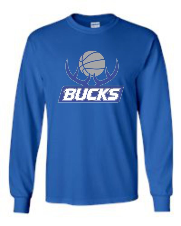 Sentence with product name: Bucks Basketball Long sleeve T-shirt 50/50 blend G2400 with a basketball graphic and the text "bucks" in white and blue font.