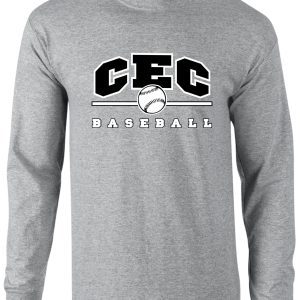 Gray long-sleeve CEC Baseball T-shirt with black and white print featuring a baseball centered between the letters c and c.