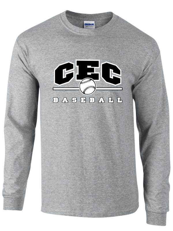 Gray long-sleeve CEC Baseball T-shirt with black and white print featuring a baseball centered between the letters c and c.