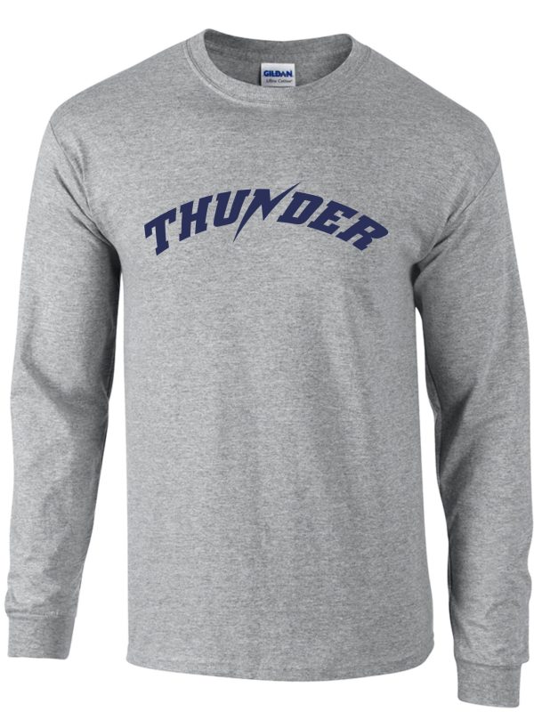 Thunder Baseball long sleeve T shirt with the word "thunder" in blue capital letters across the chest.