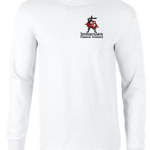 Immaculata White long sleeve T shirt left chest print G240 with "immaculata classical academy" and a red knight logo on the chest.