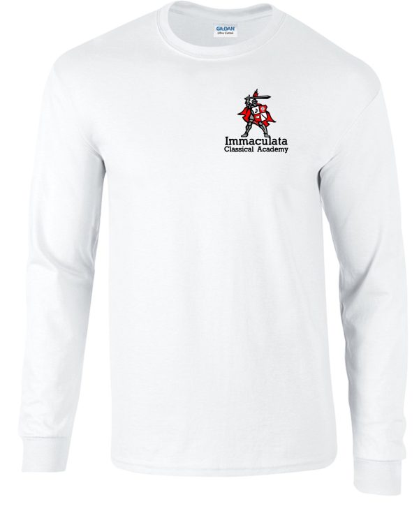 Immaculata White long sleeve T shirt left chest print G240 with "immaculata classical academy" and a red knight logo on the chest.