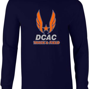 Derby City DCAC Navy Long Sleeve cotton Tshirt G2400 with "dcac track & field" logo featuring orange wings and a red star on the chest.