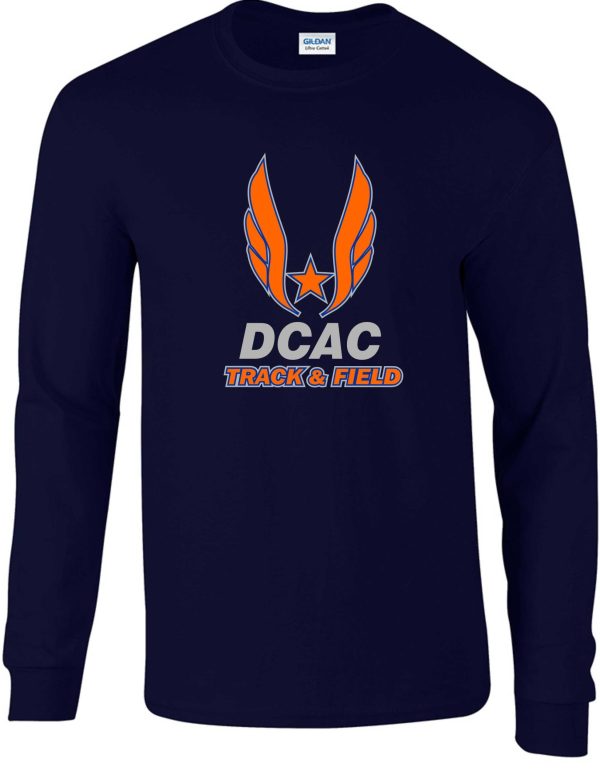 Derby City DCAC Navy Long Sleeve cotton Tshirt G2400 with "dcac track & field" logo featuring orange wings and a red star on the chest.