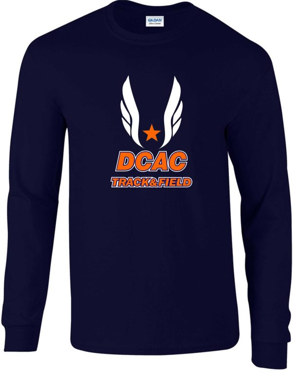 Derby City AC Navy Long Sleeve cotton Tshirt G2400 with "dcac track & field" logo featuring wings and a star on the chest.