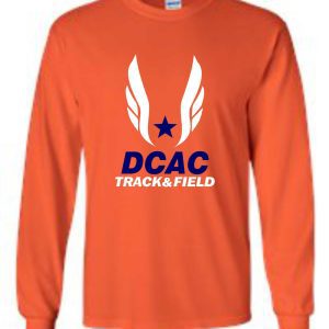 Derby City DCAC Orange Long Sleeve cotton Tshirt G2400 with "dcac track & field" and a blue star between two white wings printed on the front.
