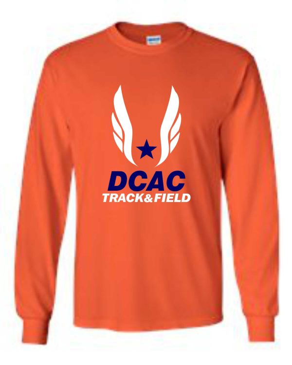 Derby City DCAC Orange Long Sleeve cotton Tshirt G2400 with "dcac track & field" and a blue star between two white wings printed on the front.