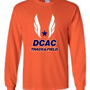 Derby City AC Orange Long Sleeve cotton Tshirt G2400 with "dcac track & field" printed in blue and red on the front, decorated with white winged graphics and a central star.