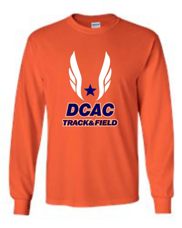 Derby City AC Orange Long Sleeve cotton Tshirt G2400 with "dcac track & field" printed in blue and red on the front, decorated with white winged graphics and a central star.