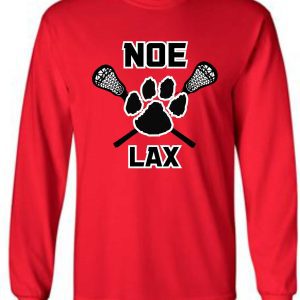 Red long-sleeve shirt with "NOE LAX" design.