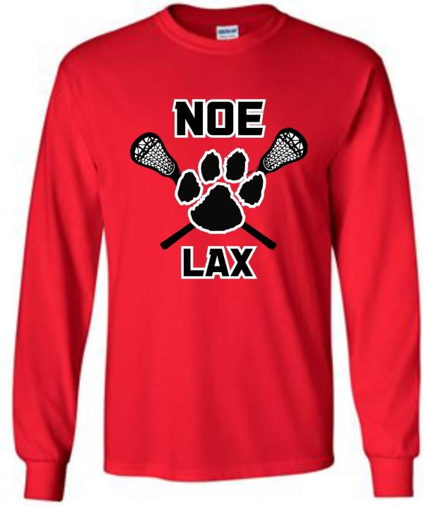 Red long-sleeve shirt with "NOE LAX" design.