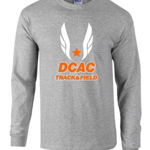 Derby City AC Sport Gray Long Sleeve cotton Tshirt G2400 with "dcac track & field" logo featuring a star and wings in orange and white.