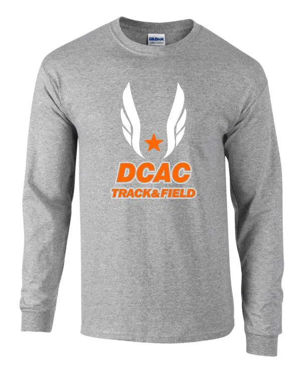 Derby City AC Sport Gray Long Sleeve cotton Tshirt G2400 with "dcac track & field" logo featuring a star and wings in orange and white.