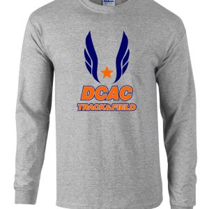 Derby City DCAC Sport Gray Long Sleeve cotton Tshirt G2400 with "dcac track & field" logo featuring blue wings and an orange star.