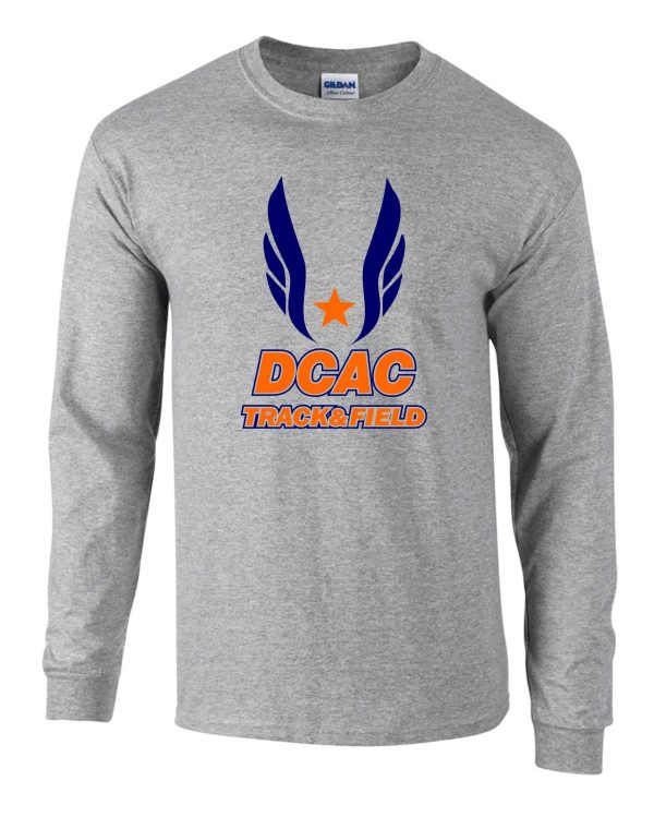 Derby City DCAC Sport Gray Long Sleeve cotton Tshirt G2400 with "dcac track & field" logo featuring blue wings and an orange star.