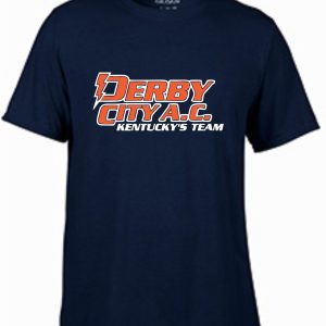 Navy blue Derby City AC Performance cotton T-shirt with the "derby city a.c. kentucky's team" logo in red and white print on the front.