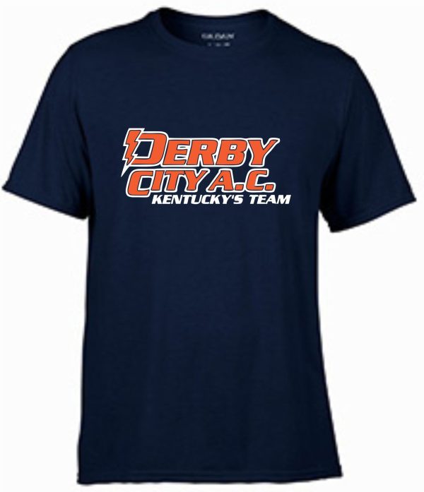 Navy blue Derby City AC Performance cotton T-shirt with the "derby city a.c. kentucky's team" logo in red and white print on the front.