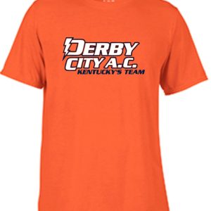 Derby City AC Performance Orange Short Sleeve cotton Tshirt G420 with "derby city a.c. kentucky's team" written in bold, stylized white font, featuring a lightning bolt graphic.