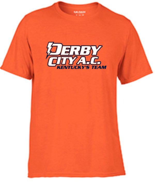 Derby City AC Performance Orange Short Sleeve cotton Tshirt G420 with "derby city a.c. kentucky's team" written in bold, stylized white font, featuring a lightning bolt graphic.