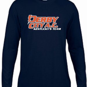 Derby City AC Performance Navy Long Sleeve cotton Tshirt G424 with "derby city a.c. kentucky's team" logo in orange and white on the chest.