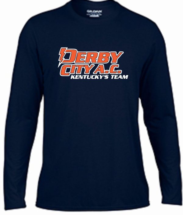 Derby City AC Performance Navy Long Sleeve cotton Tshirt G424 with "derby city a.c. kentucky's team" logo in orange and white on the chest.