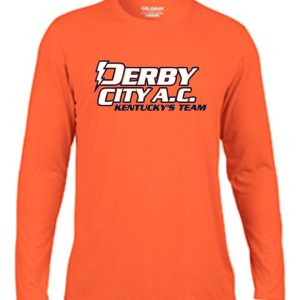 Orange long-sleeve Derby City AC Performance cotton Tshirt G424 with "derby city a.c. kentucky's team" printed in bold black and white font on the front.