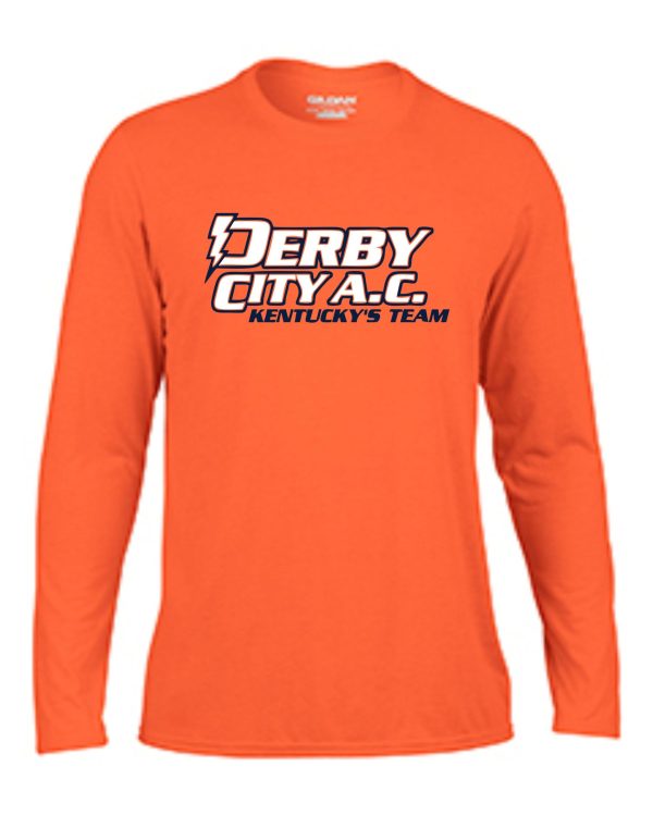 Orange long-sleeve Derby City AC Performance cotton Tshirt G424 with "derby city a.c. kentucky's team" printed in bold black and white font on the front.