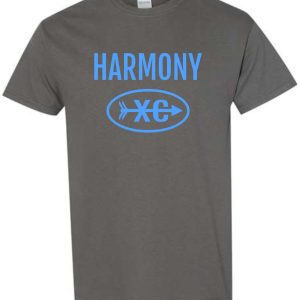 Gray Harmony XC Charcoal cotton T shirt G5000 with the word "harmony" and an oval logo with a cross symbol on it printed in blue.