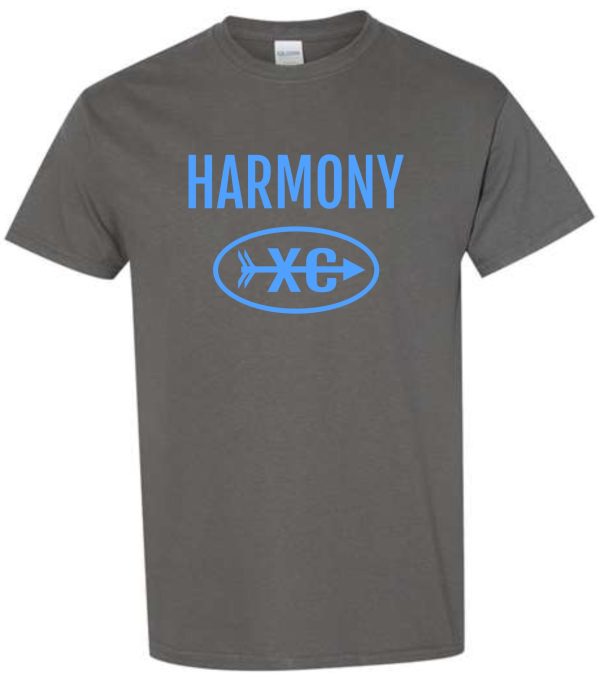 Gray Harmony XC Charcoal cotton T shirt G5000 with the word "harmony" and an oval logo with a cross symbol on it printed in blue.