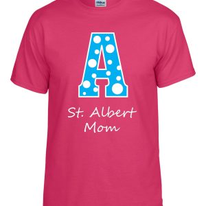 Pink t-shirt with blue letter A and text.