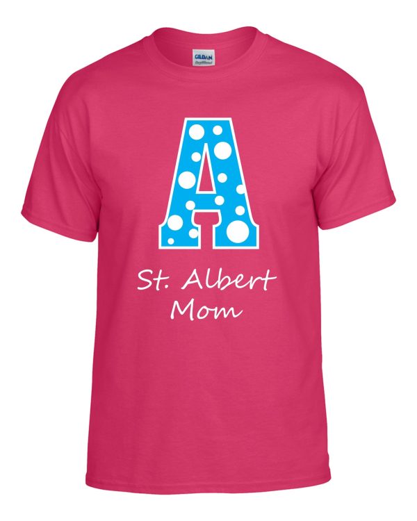 Pink t-shirt with blue letter A and text.