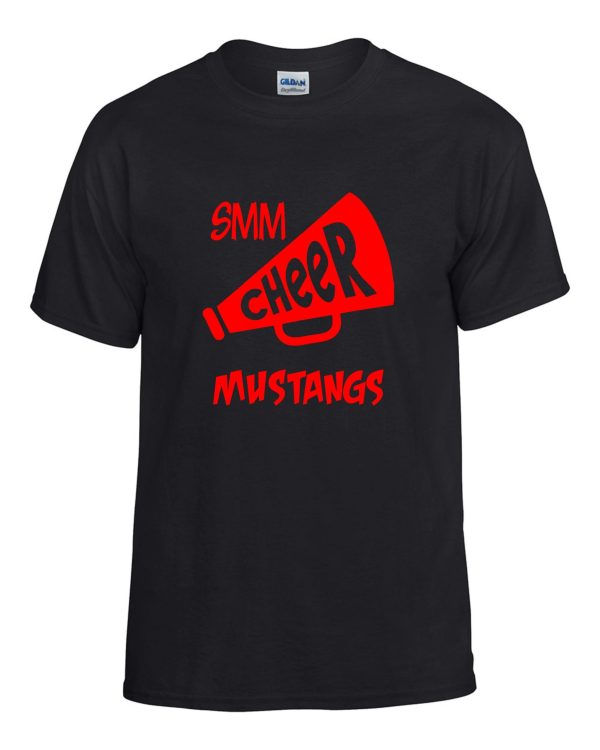 St Margaret Mary Cheerleading Black tshirt G5000 with the red text "smm i cheer mustangs" in a dynamic font, likely representing a cheerleading theme for the mustangs team.