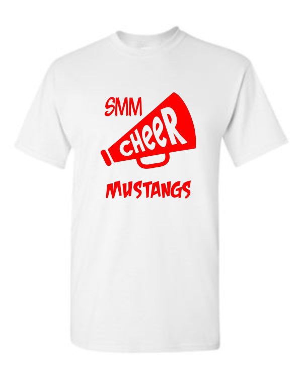 St Margaret Mary Cheerleading White tshirt G5000 with red text reading "smm i cheer mustangs" in a diagonal layout.