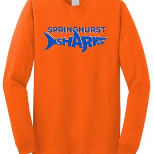 Springhurst Sharks Long sleeve Orange T-shirt G540 with the text "springshurst sharks" in blue, featuring a shark graphic as part of the text design.
