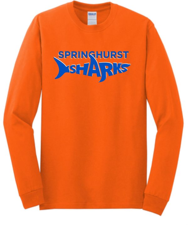 Springhurst Sharks Long sleeve Orange T-shirt G540 with the text "springshurst sharks" in blue, featuring a shark graphic as part of the text design.