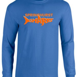 Springhurst Sharks Long sleeve Royal T-shirt G540 with the "springshurst sharks" logo in orange on the chest.