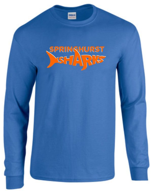 Springhurst Sharks Long sleeve Royal T-shirt G540 with the "springshurst sharks" logo in orange on the chest.